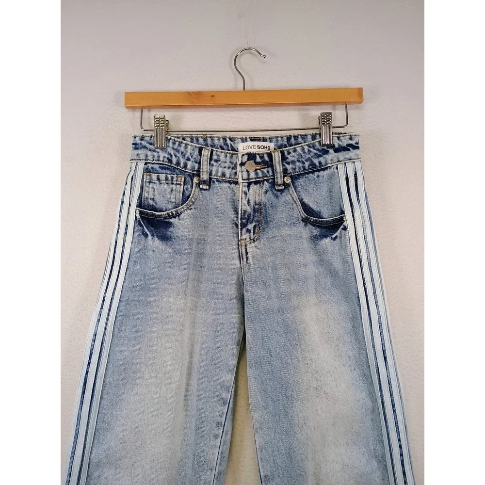 Y2K Streetwear Love Soho Womens 00 Blue Acid Wash Side Stripe‎ Ribbon Tie Jeans